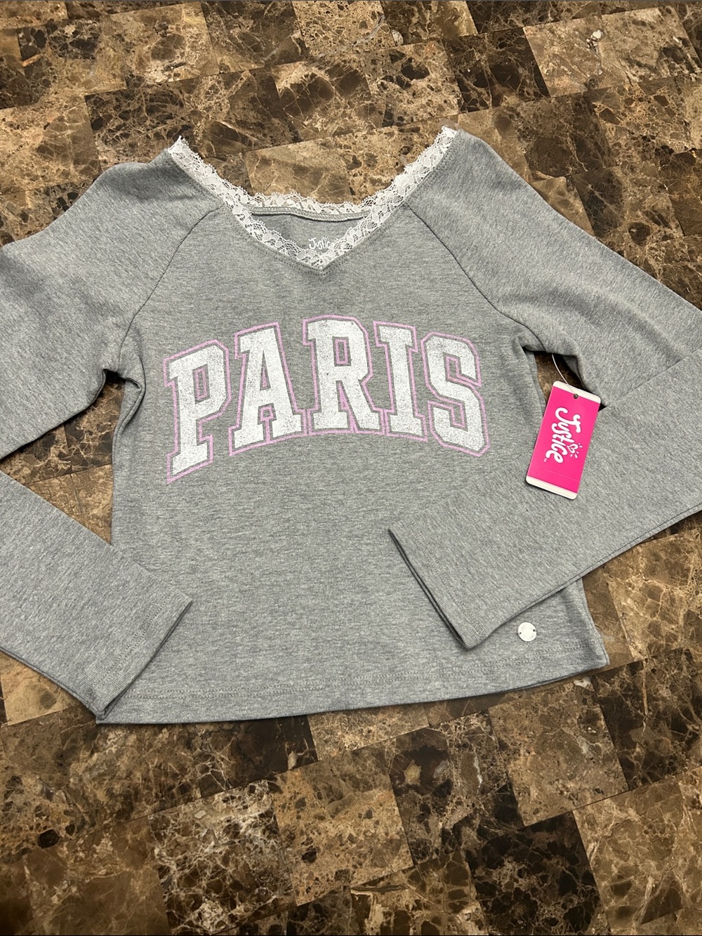 NEW 🆕 Justice Gray Long-Sleeve 'PARIS' Lace-Trim Top 90% cotton